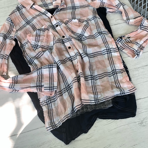 Free People Behind The Funnel Pink Plaid Buttoned - Picture 12 of 16